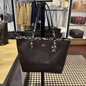 Coach City Tote Bag In Signature Canvas With Leopard Print CCD01 Walnut/Leopard